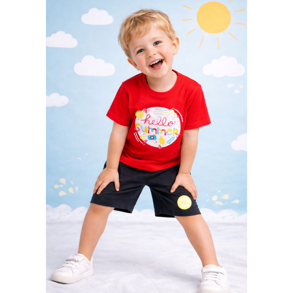Ninos 100% Cotton Knit Half Sleeves "Hello Summer" Printed Coordinating Tee & Shorts Set