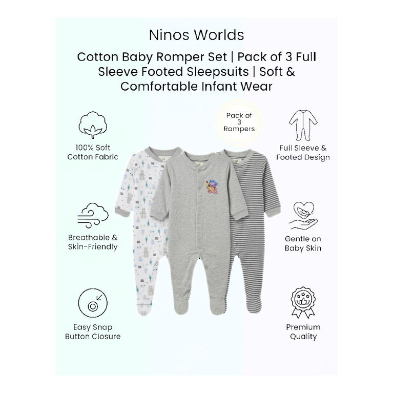 Ninos Worlds Interlock Knit Full Sleeves Footed Sleep Suits With Print & Patch Pack of 3 - Multicolor