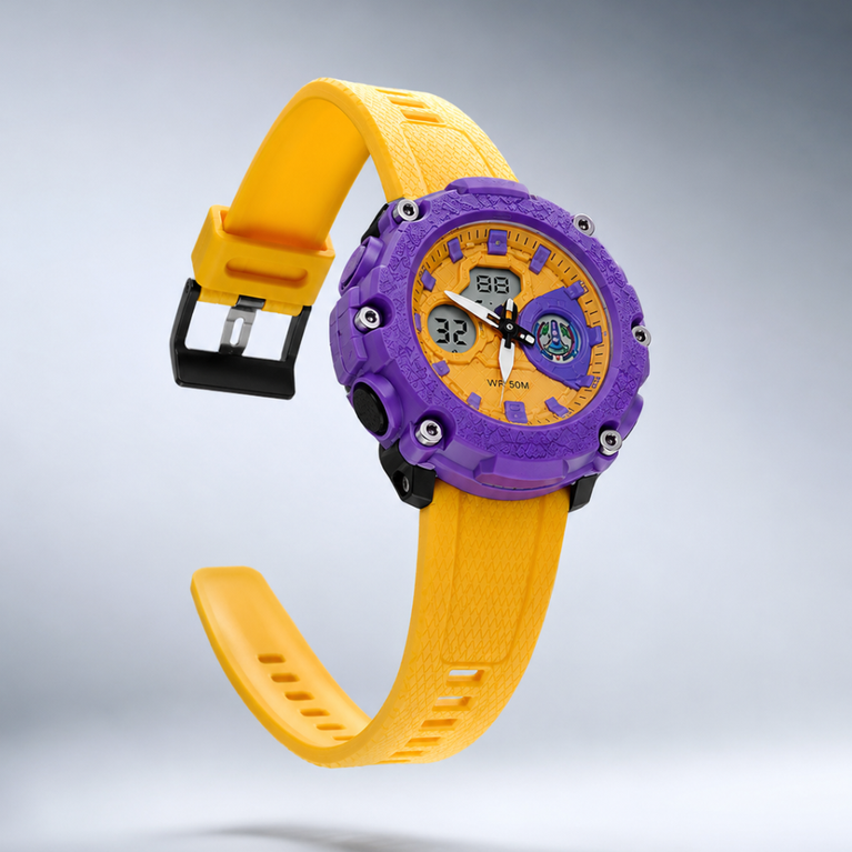 Kids Dual Display Sports Watch – 50M Water Resistant Analog & Digital Shockproof Watch with LED Light, Alarm, Stopwatch & Date Display (Yellow & Purple)