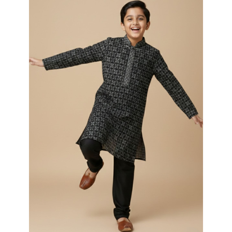 Boys Ethnic Wear Set - Black Toned Printed Kurta with Straight Fit Pajamas