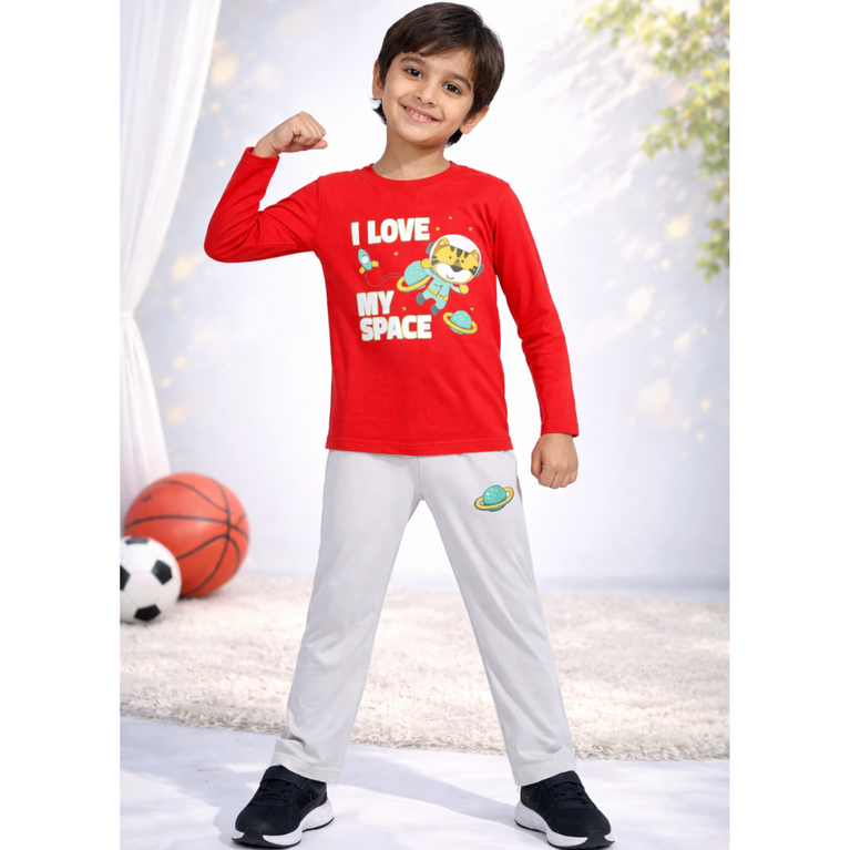 Ninos 100% Cotton Knit Full Sleeves "I Love My Space "Printed T-shirt and Pant Set for Boys