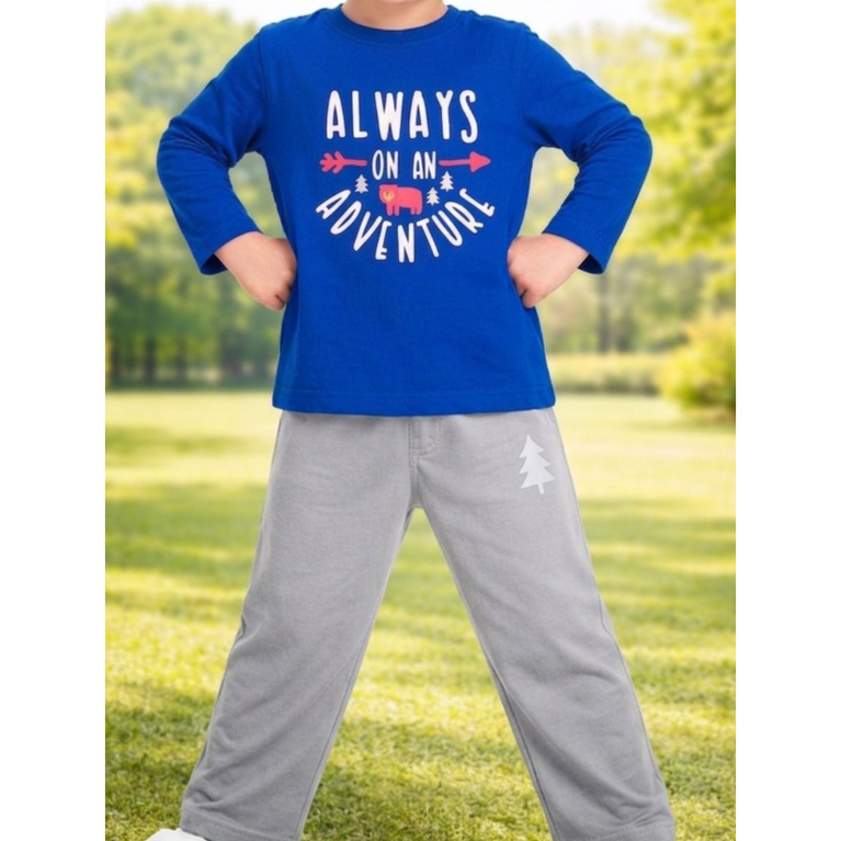 Ninos 100% Cotton Knit Full Sleeves "ALWAYS ON AN ADVENTURE" Printed T-shirt and Pant Set for Boys