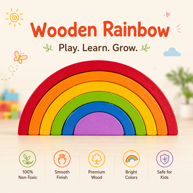 Montessori Wooden Rainbow Stacker Toy for Kids | Colorful Balancing & Open-Ended Learning Blocks