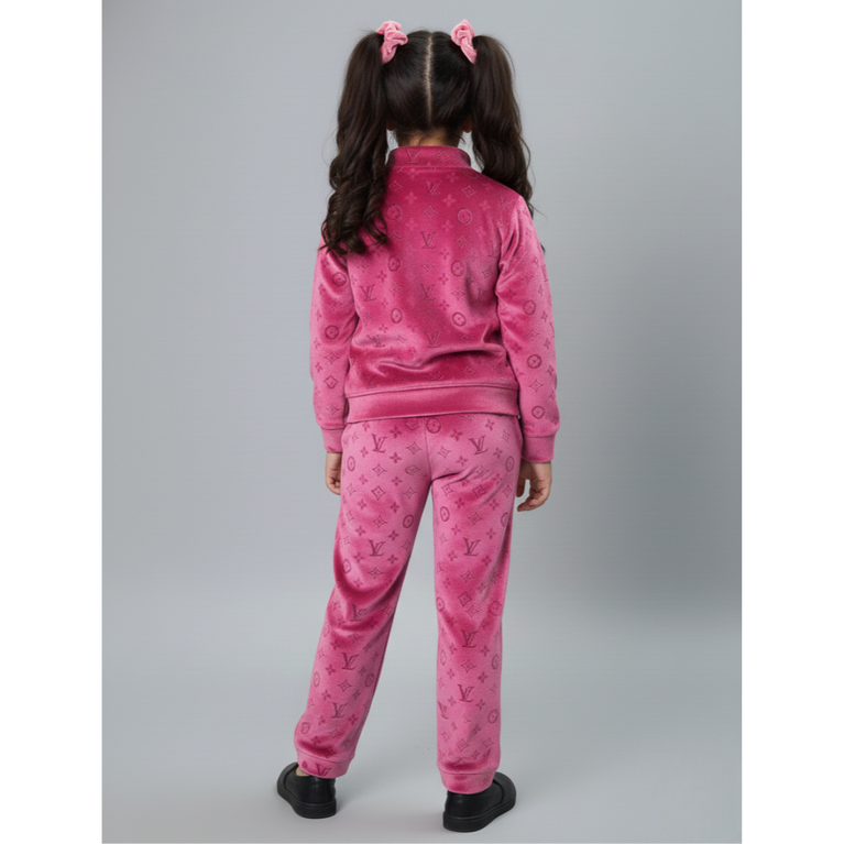 Girlyy - Kids' Full Sleeves Luxury Monogram Velvet Tracksuit – Velour Crewneck Sweatshirt and Joggers Set