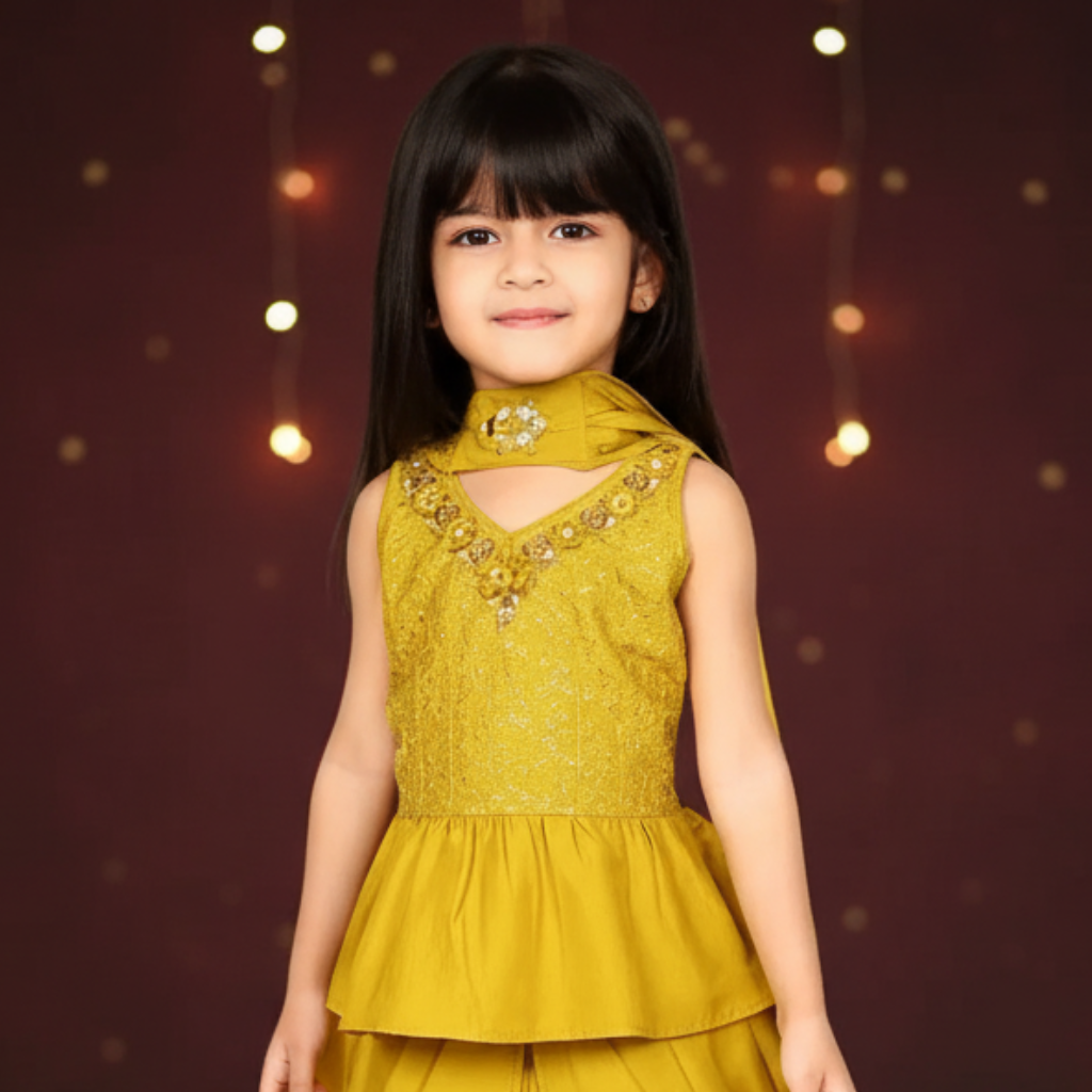 Ethnic Printed Low to High Kurta with Dhoti Pant & Dupatta Set for Girls