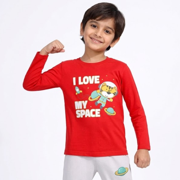 Ninos 100% Cotton Knit Full Sleeves "I Love My Space "Printed T-shirt and Pant Set for Boys