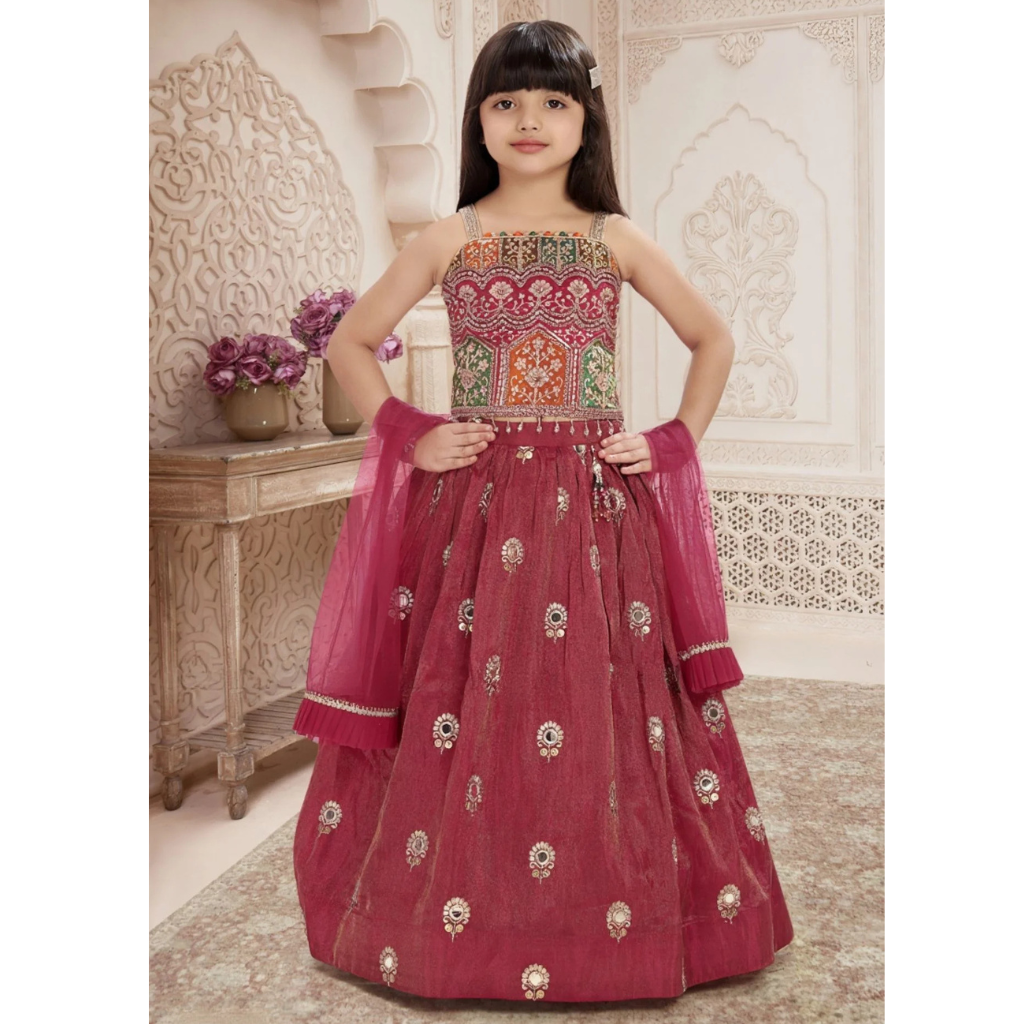 Pink Embroidered Lehenga Choli Set for Girls