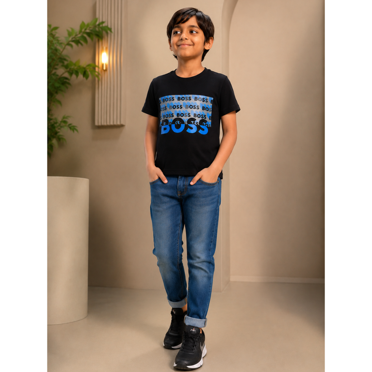 BOSS- Kids Cotton Knit Half Sleeves Crew Neck T-Shirt with Boss Text Print , 2-11 years