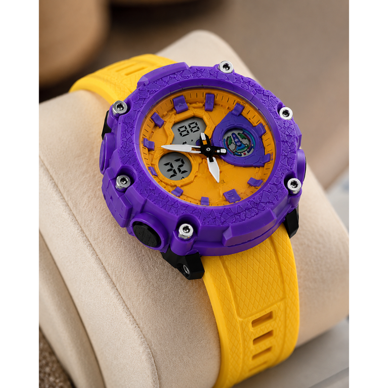 Kids Dual Display Sports Watch – 50M Water Resistant Analog & Digital Shockproof Watch with LED Light, Alarm, Stopwatch & Date Display (Yellow & Purple)