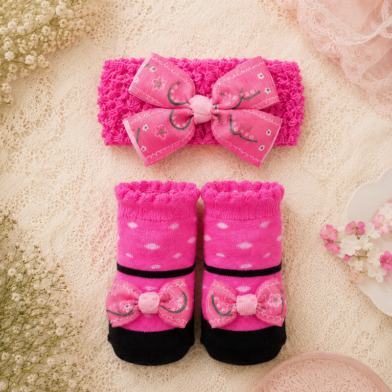 Baby Girls Pink Bow Socks with Matching Headband | Newborn Gift Set