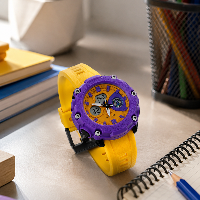 Kids Dual Display Sports Watch – 50M Water Resistant Analog & Digital Shockproof Watch with LED Light, Alarm, Stopwatch & Date Display (Yellow & Purple)