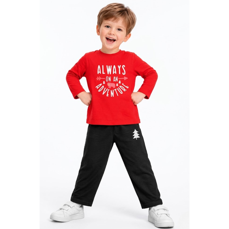 Ninos 100% Cotton Knit Full Sleeves "ALWAYS ON AN ADVENTURE" Printed T-shirt and Pant Set for Boys
