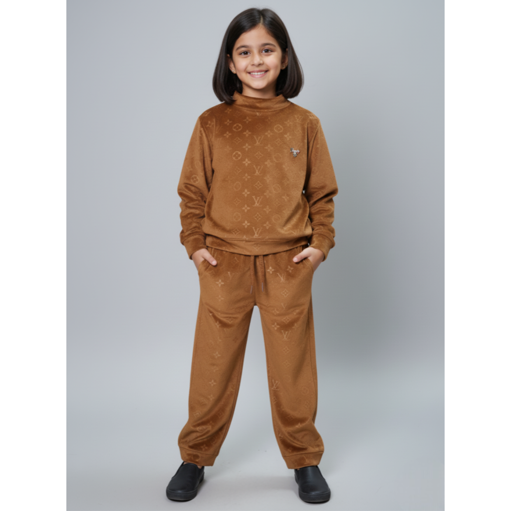 Girlyy - Kids' Full Sleeves Luxury Monogram Velvet Tracksuit – Velour Crewneck Sweatshirt and Joggers Set