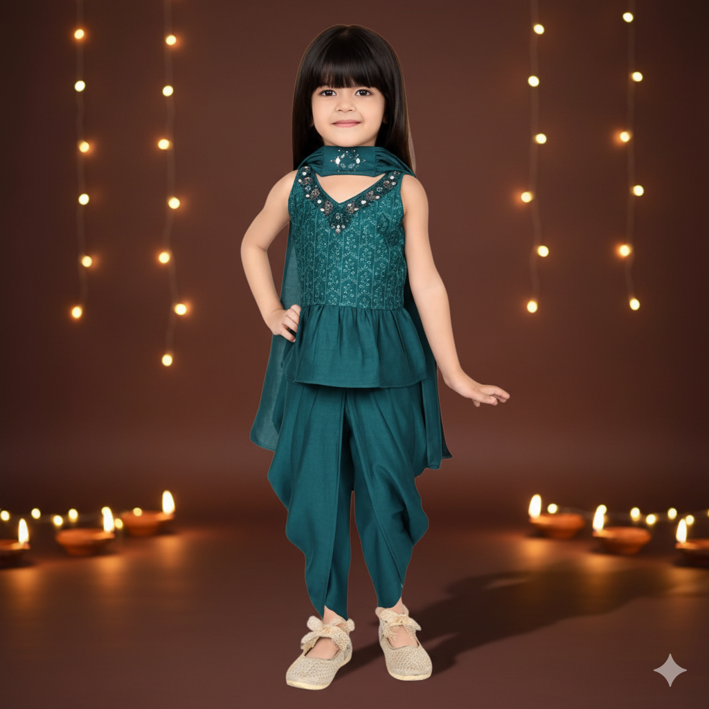 Ethnic Printed Low to High Kurta with Dhoti Pant & Dupatta Set for Girls