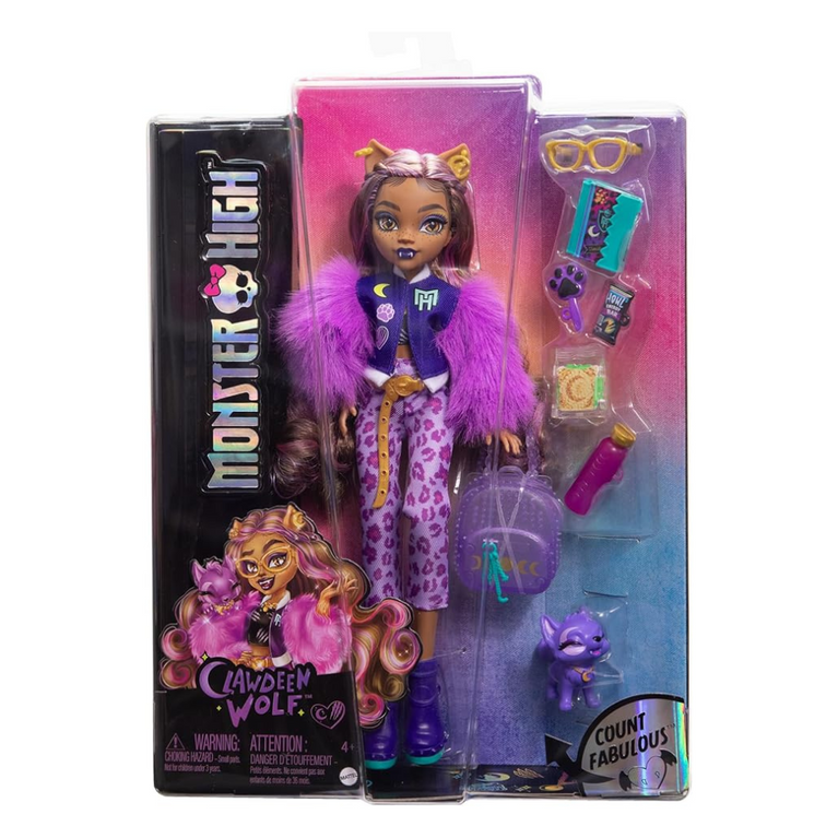 Monster High Clawdeen Wolf Doll with Pet Dog Crescent & Accessories Like Backpack, Planner, Snacks & More