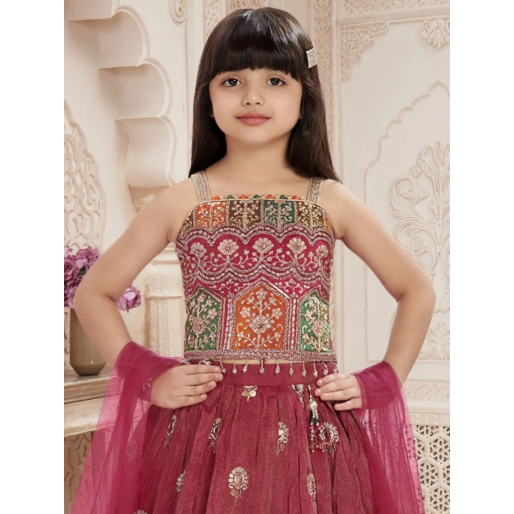 Pink Embroidered Lehenga Choli Set for Girls