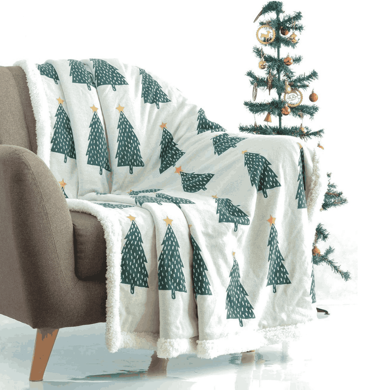 Christmas Tree Cotton Knitted Kids Blanket with Warm Sherpa Fabric (Ivory, Green & Yellow)