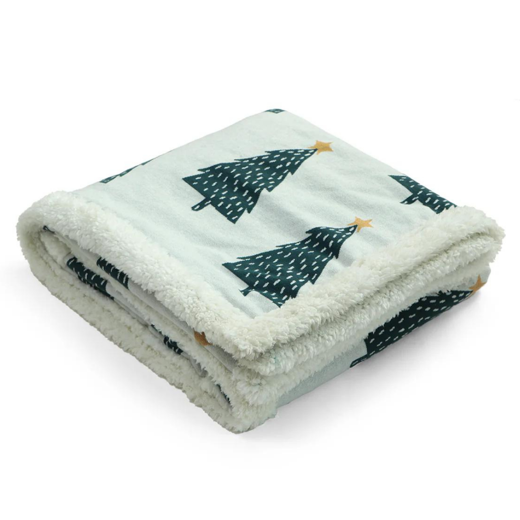 Christmas Tree Cotton Knitted Kids Blanket with Warm Sherpa Fabric (Ivory, Green & Yellow)