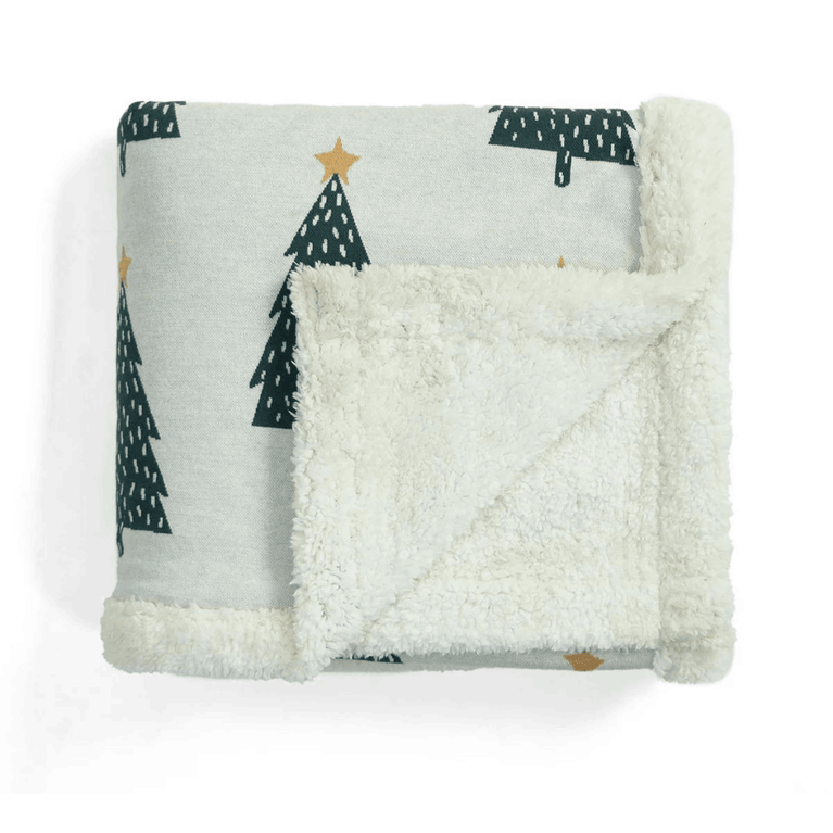 Christmas Tree Cotton Knitted Kids Blanket with Warm Sherpa Fabric (Ivory, Green & Yellow)