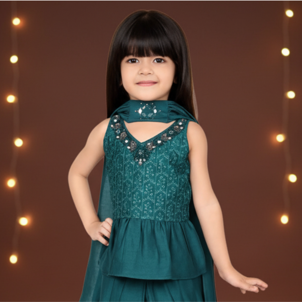 Ethnic Printed Low to High Kurta with Dhoti Pant & Dupatta Set for Girls