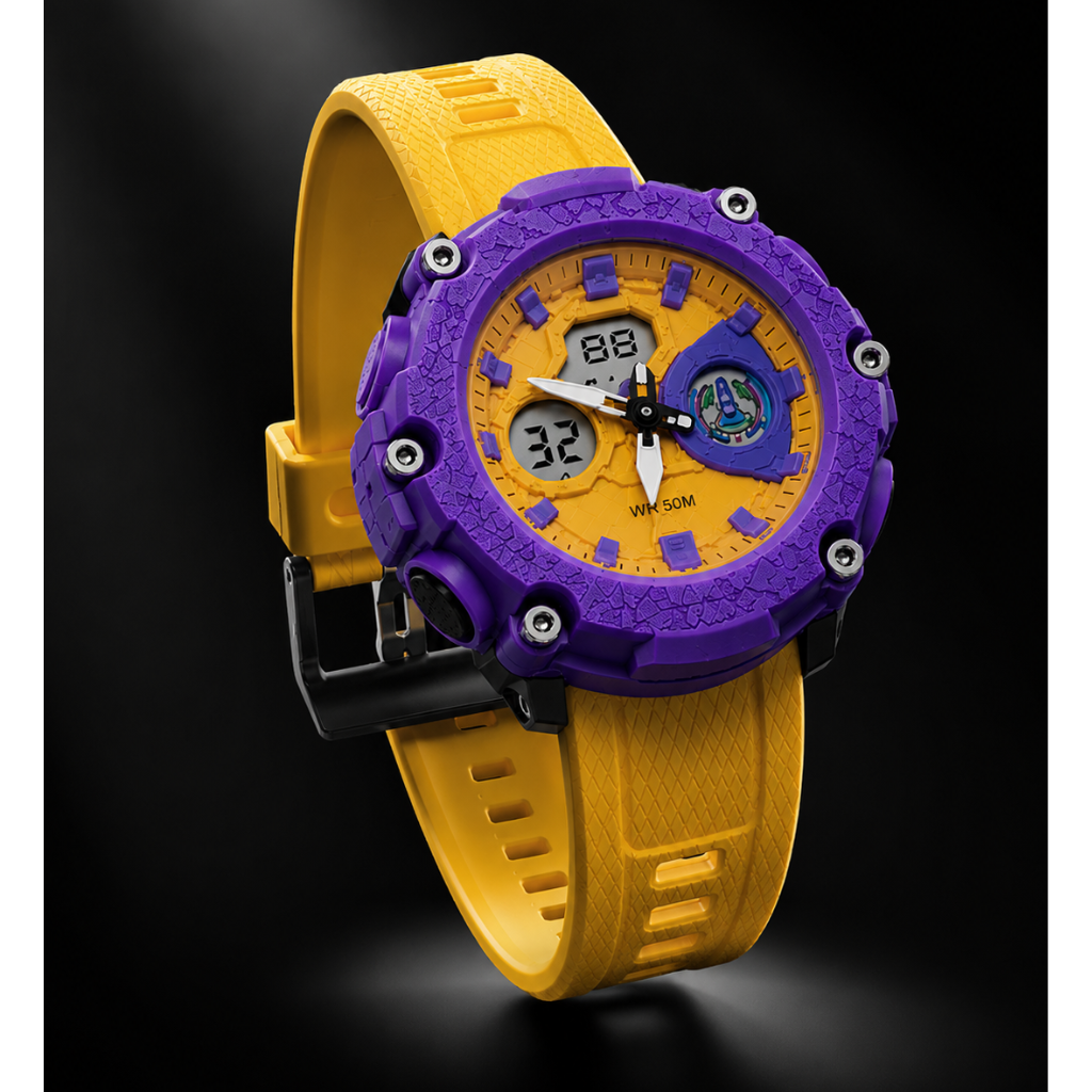 Kids Dual Display Sports Watch – 50M Water Resistant Analog & Digital Shockproof Watch with LED Light, Alarm, Stopwatch & Date Display (Yellow & Purple)
