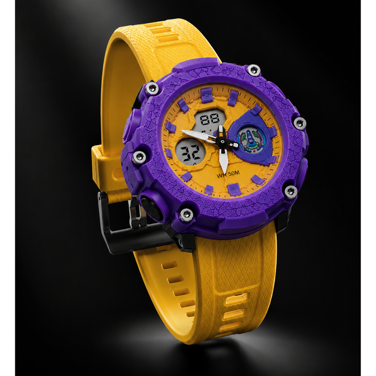 Kids Dual Display Sports Watch – 50M Water Resistant Analog & Digital Shockproof Watch with LED Light, Alarm, Stopwatch & Date Display (Yellow & Purple)