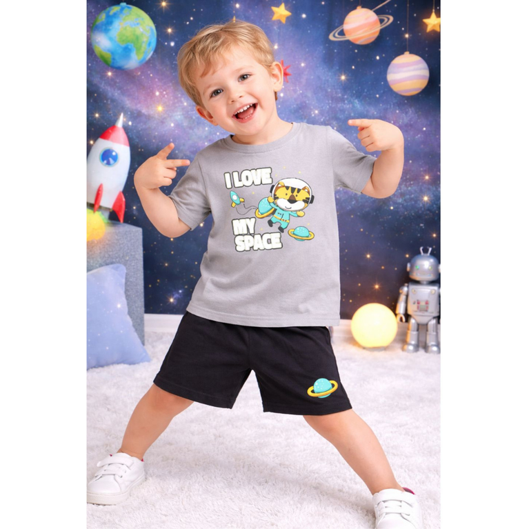 Ninos 100% Cotton Knit Half Sleeves "I Love My Space" Printed Coordinating Tee & Shorts Set for Boys