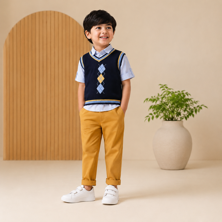 Navy Argyle Sweater Vest Set with Shirt & Trousers