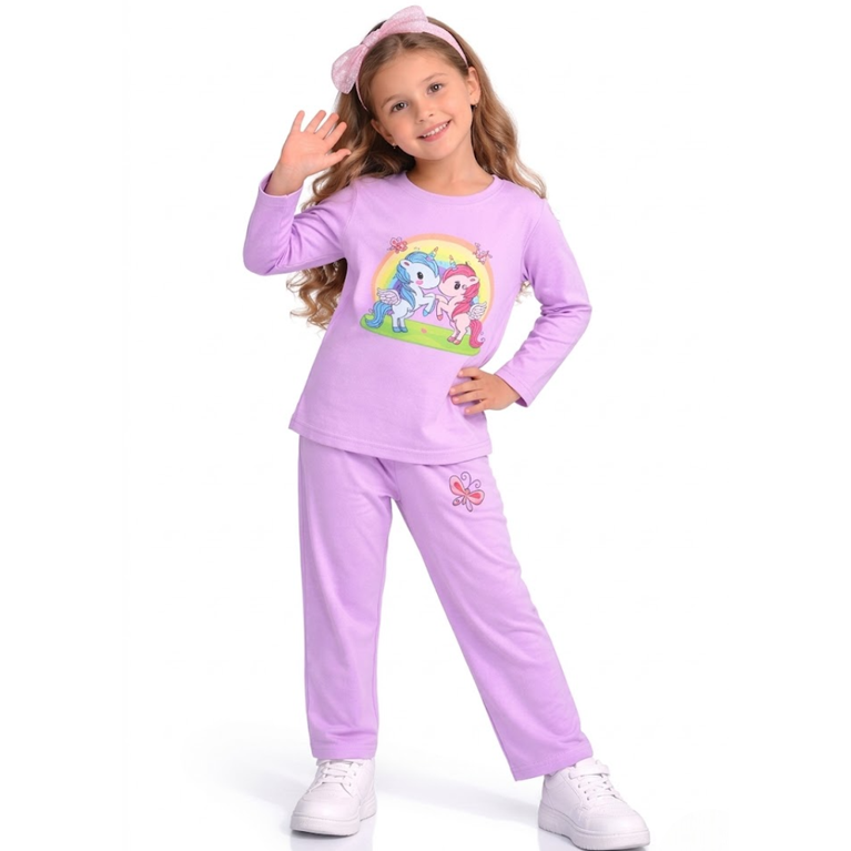Ninos 100% Cotton Knit Full Sleeves "Unicorn Pair" Printed Coordinating Tee & Pants Set For Girls