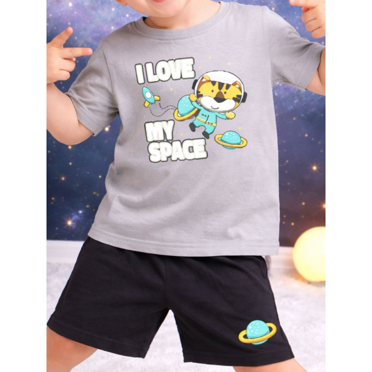Ninos 100% Cotton Knit Half Sleeves "I Love My Space" Printed Coordinating Tee & Shorts Set for Boys