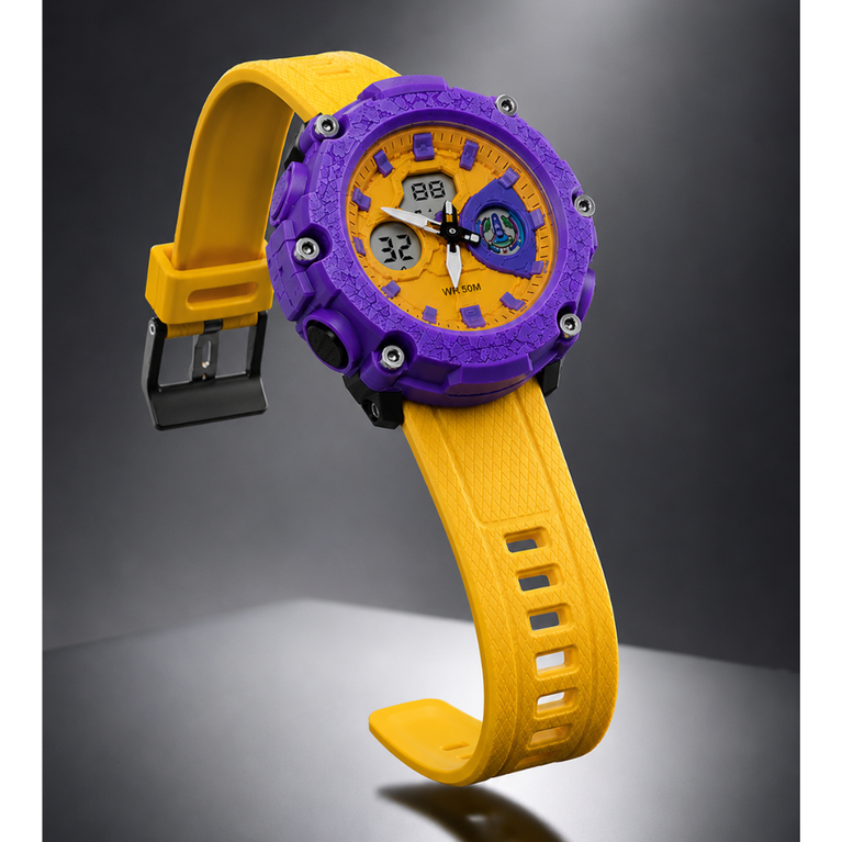 Kids Dual Display Sports Watch – 50M Water Resistant Analog & Digital Shockproof Watch with LED Light, Alarm, Stopwatch & Date Display (Yellow & Purple)