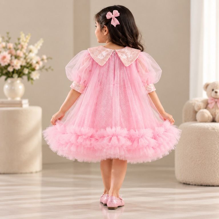 Pink Glitter Party Dress | Sequin Collar & Tulle Frock