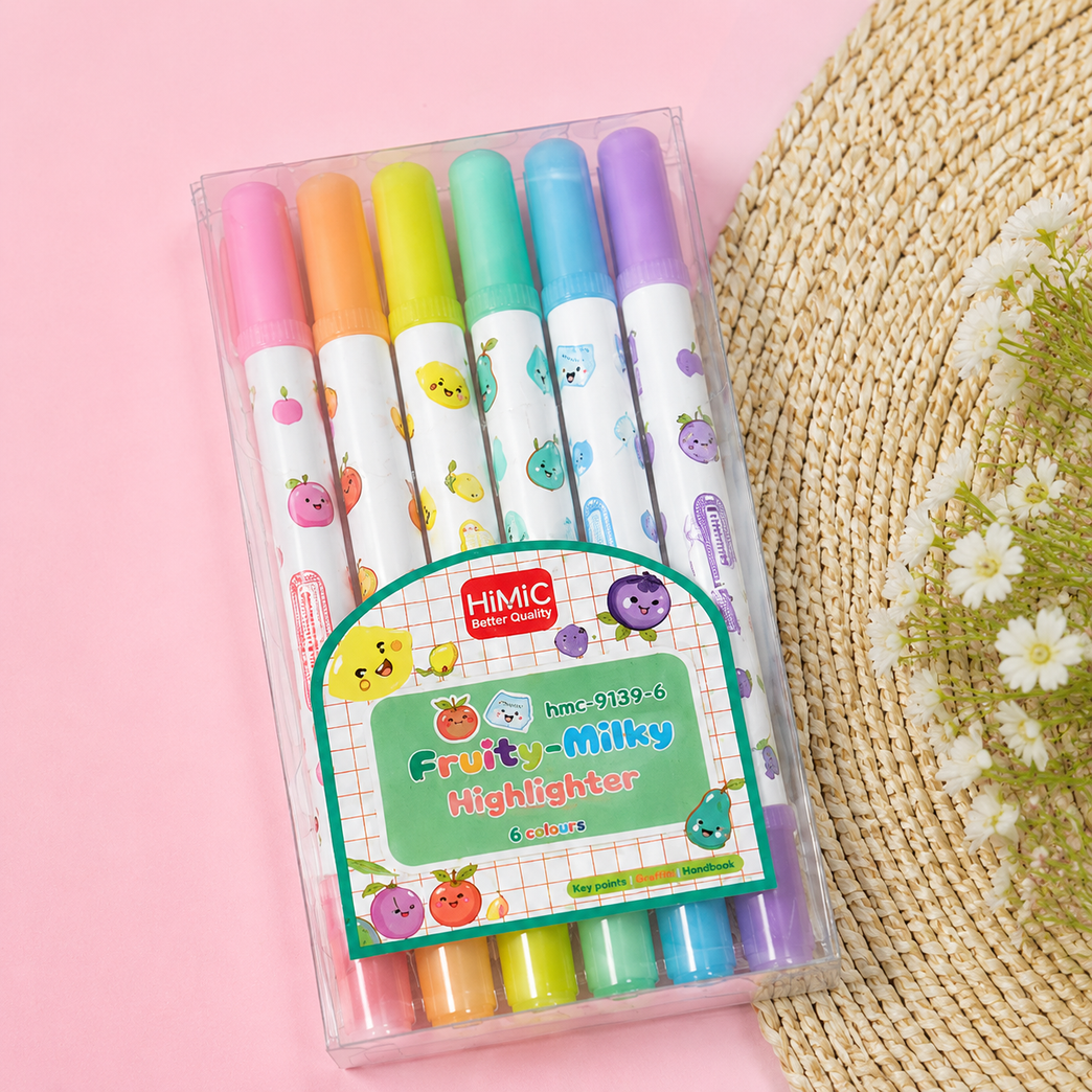 Fruity Milky Pastel Highlighter Set – 6 Colours | Cute Kids Stationery