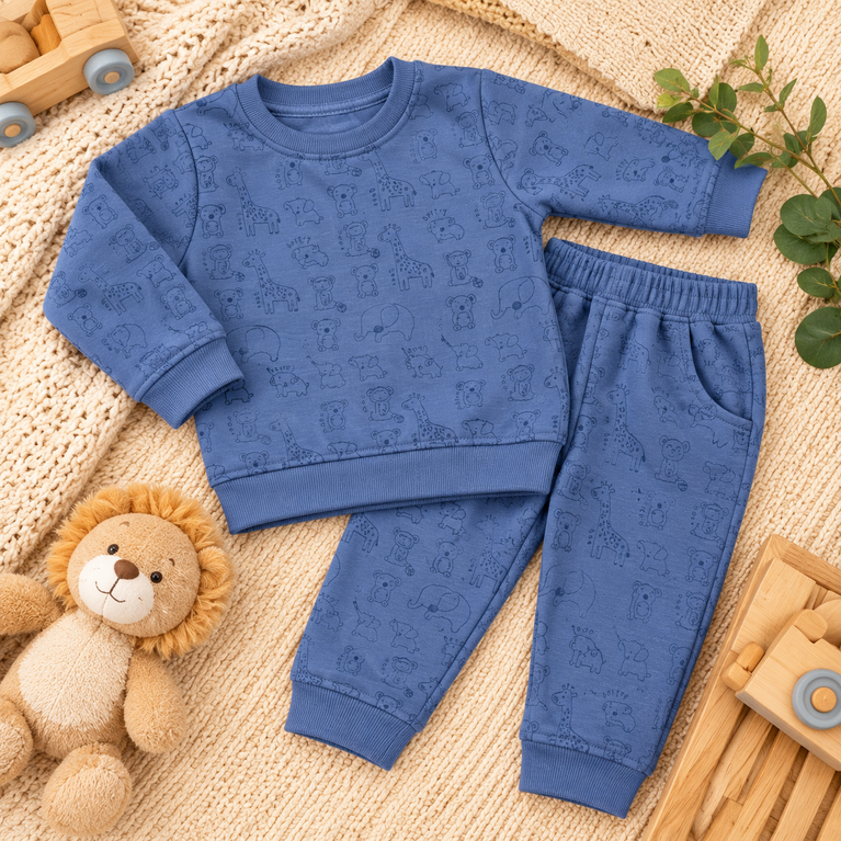 Blue Animal Print Sweatshirt & Jogger Set for Kids | Cute & Comfortable Winter Outfit | 12-18 Months