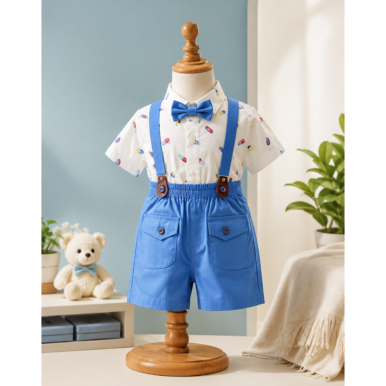 Kids Summer Printed Shirt Shorts Set with Suspenders Bow Tie Outfit