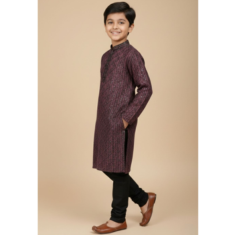 Boys Wine & Black Geometric Print Kurta with Solid Pajama Set - 2 Piece Festive Ethnic Wear