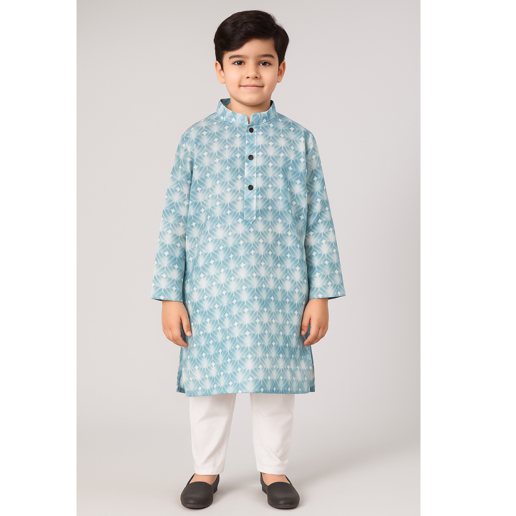 Colors Junior- Mandarin Collar Geometric Texture Printed Full Sleeves Regular Kurta Pajama Set