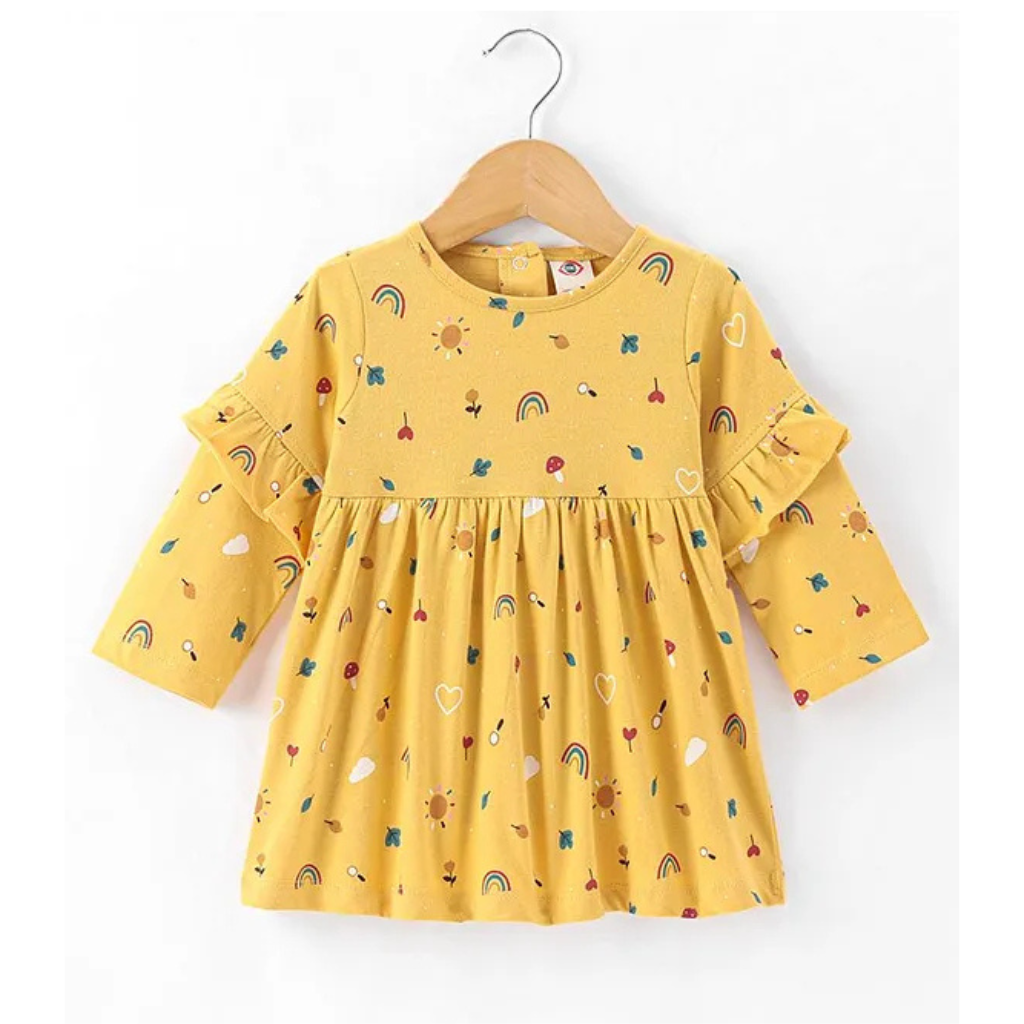 Zero Sinker Knit Full Sleeves Printed Frock With Frill Detailing