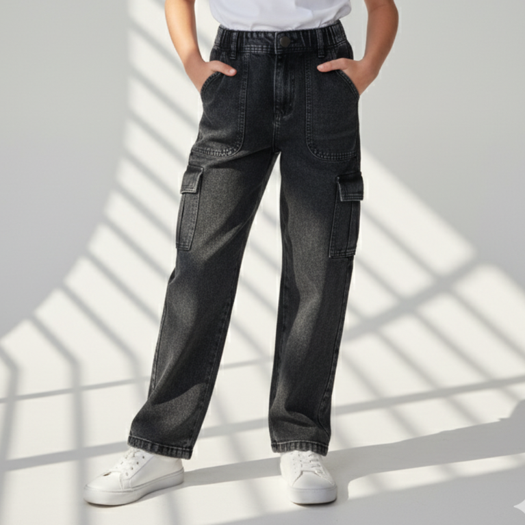 BIJNIS-Girls' Relaxed Fit Black Wash Denim Cargo Jeans for Kids