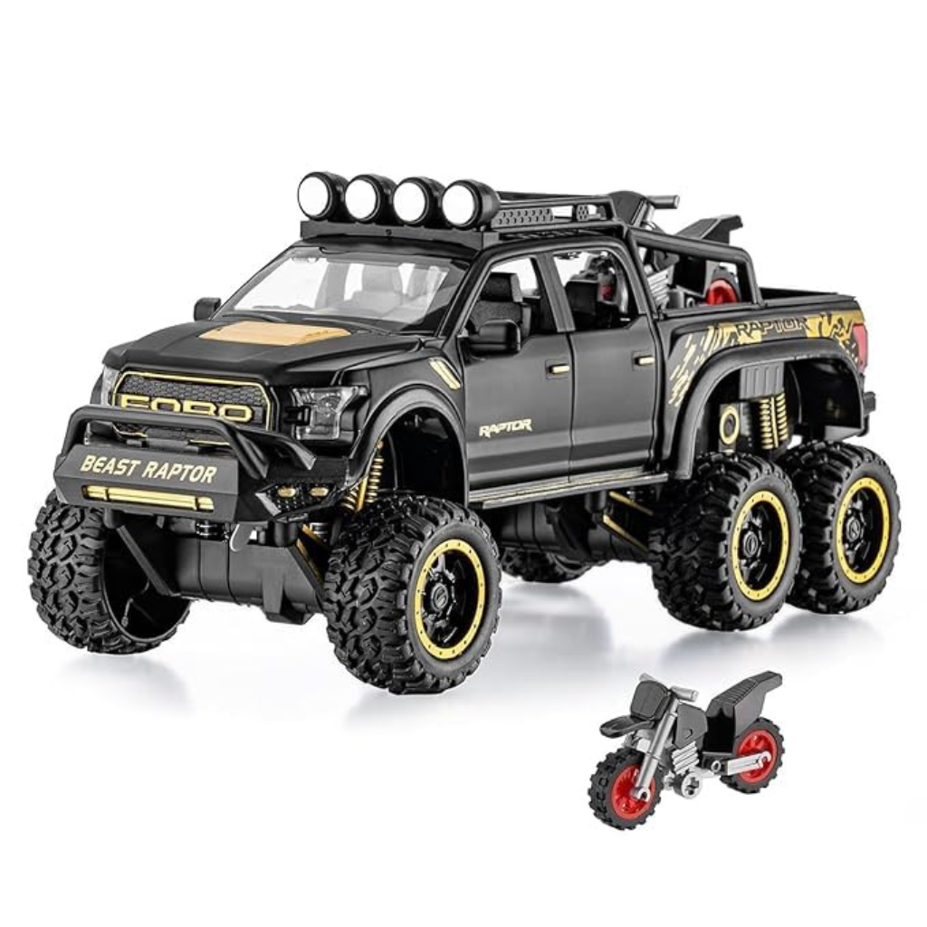 Nino's F150 Raptor 1:24 Diecast Truck with Bike, Lights & Sound (Black/Red)