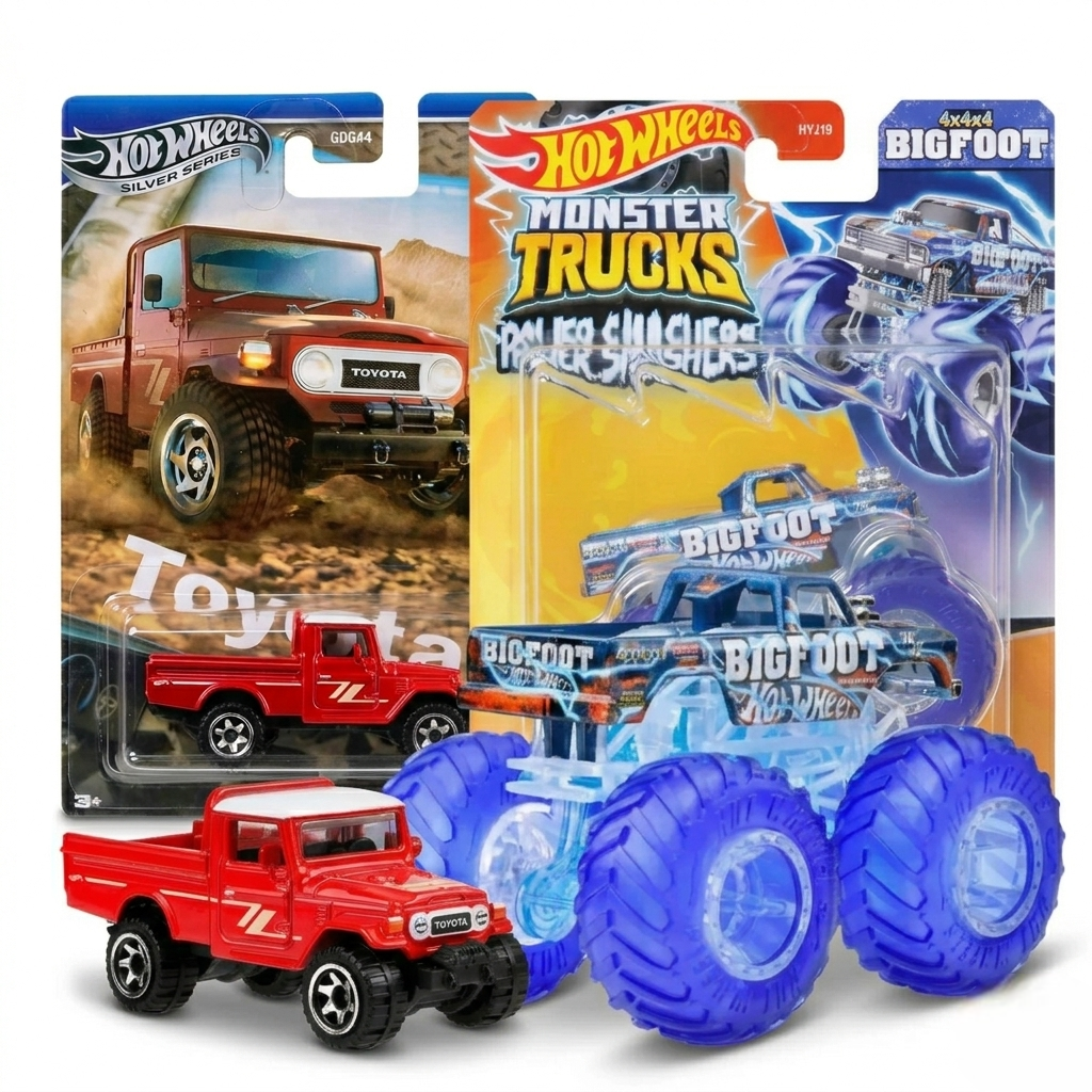 Hot Wheels Red Toyota Pickup Truck & Bigfoot Monster Truck for Kids 1:64 Die Cast Off Road Toy Set