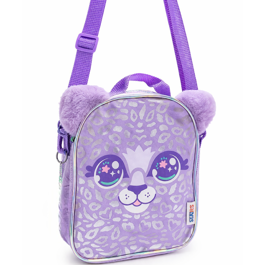 Kids Cute Cartoon Leopard Design Crossbody Bag, Purple