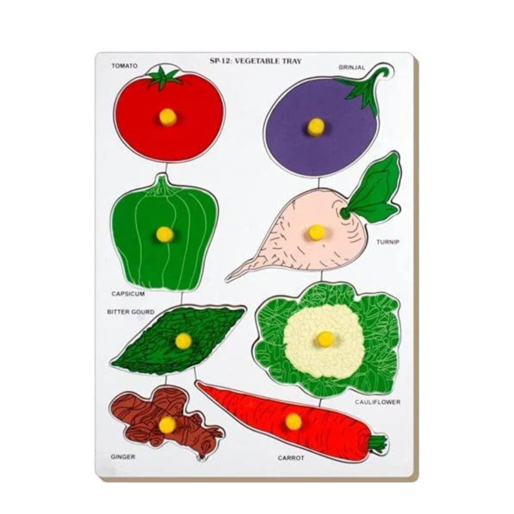 Little Genius - Wooden Vegetables Tomato Tray With Knob, Educational Gift Tray for Kids Multicolour.