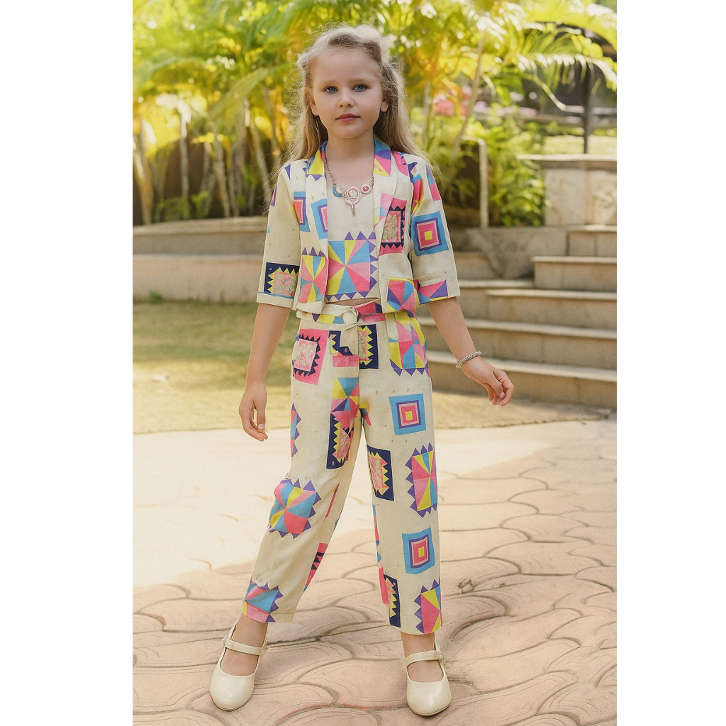 Girls Festive Multicolor Co-ord Set – Stylish Cotton Blend Outfit