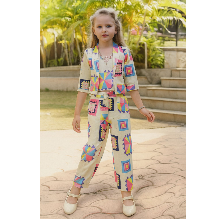 Girls Festive Multicolor Co-ord Set – Stylish Cotton Blend Outfit
