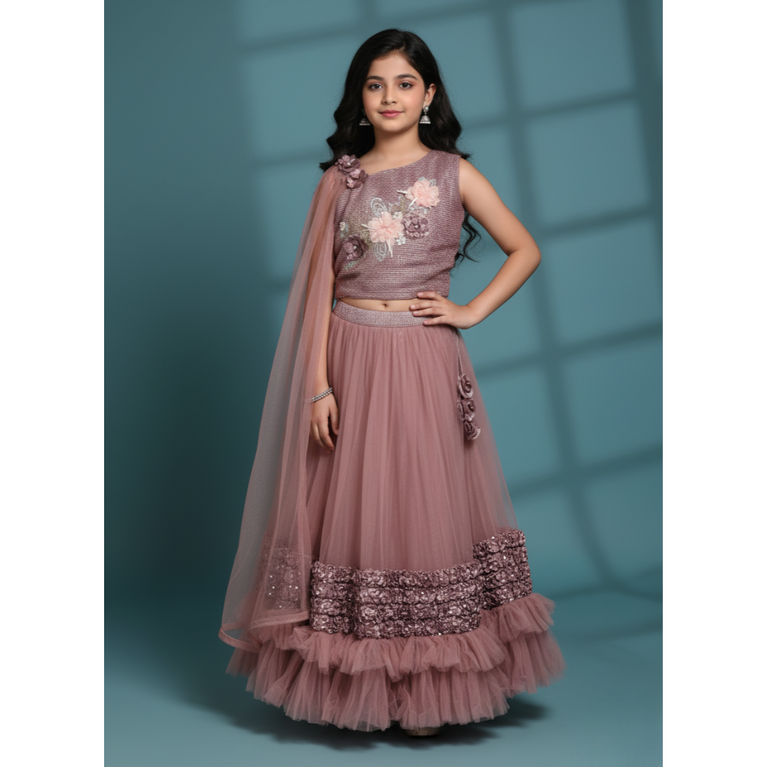Mauve-Pink Lehenga Choli Set For Girls with Attached Dupatta & 3D Floral Work