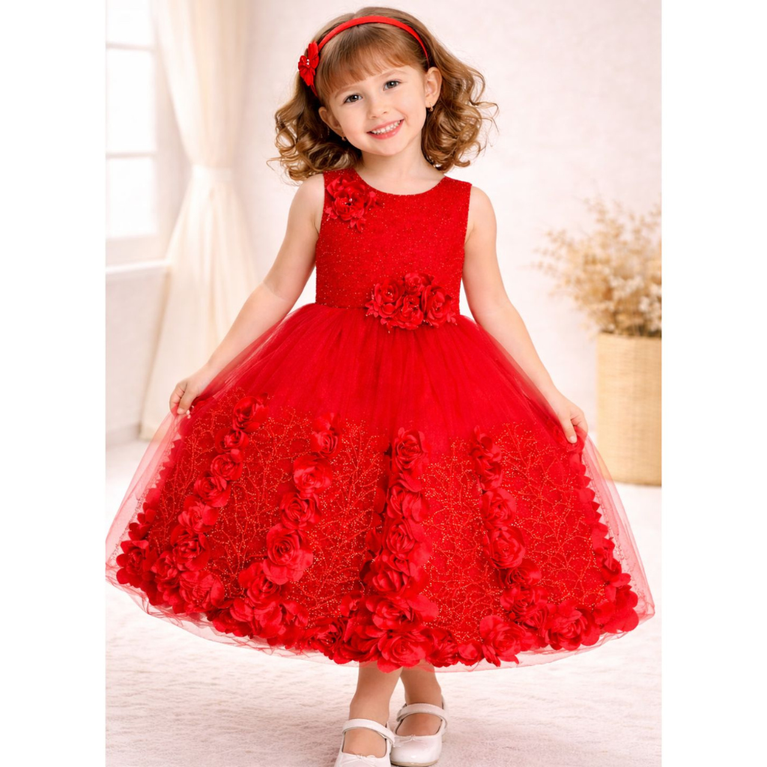 Elegant Floral Embellished Party Wear Gown for Girls with Glitter Tulle Skirt