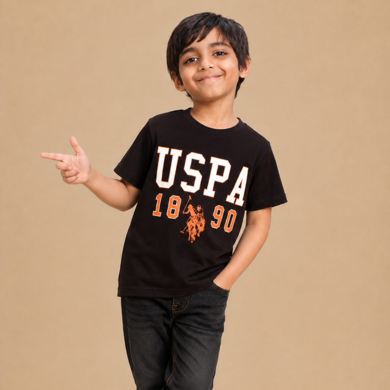 U.S POLO- Kids Cotton Knit Half Sleeves Crew Neck T-Shirt with USPA Text Print , 2-11 years