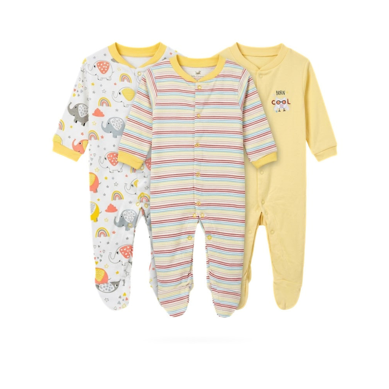 Ninos Worlds Interlock Knit Full Sleeves Footed Sleep Suits With Print & Patch Pack of 3 - Multicolor