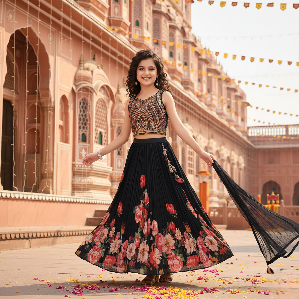 Diwali Special Girls Partywear Embroidered Lehenga Choli with Dupatta – Black